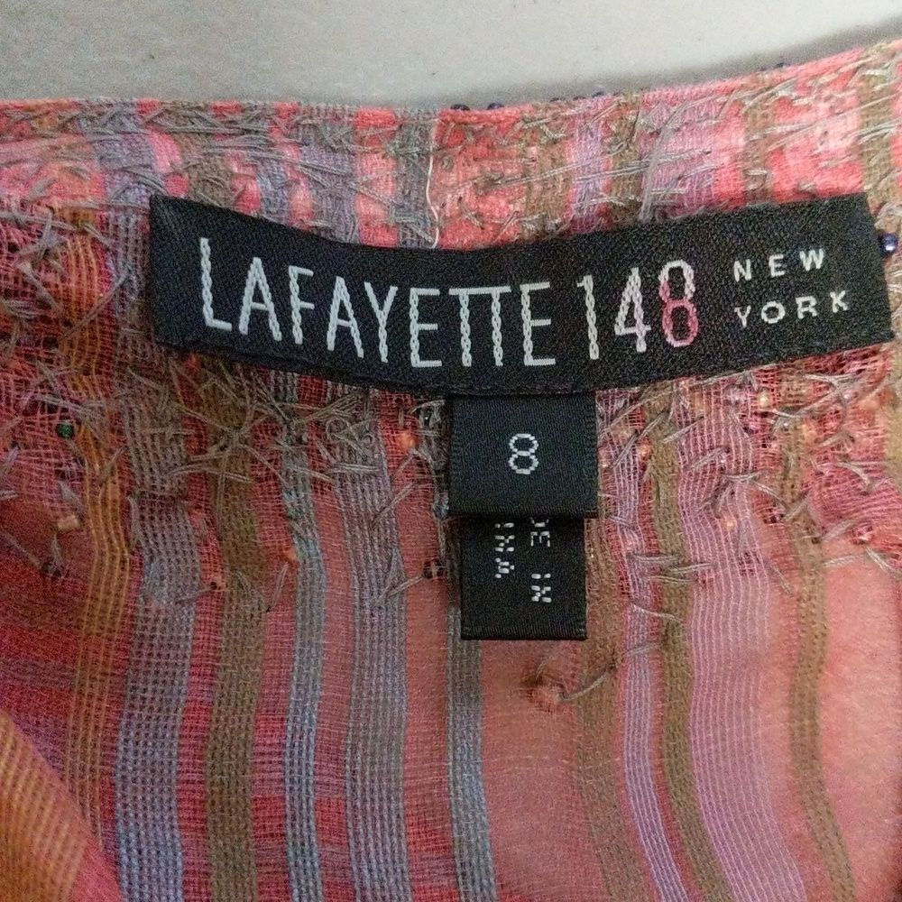 Lafayette 148 NY striped silk cotton blend heavily beaded yoke sheer blouse 8 - Picture 4 of 11